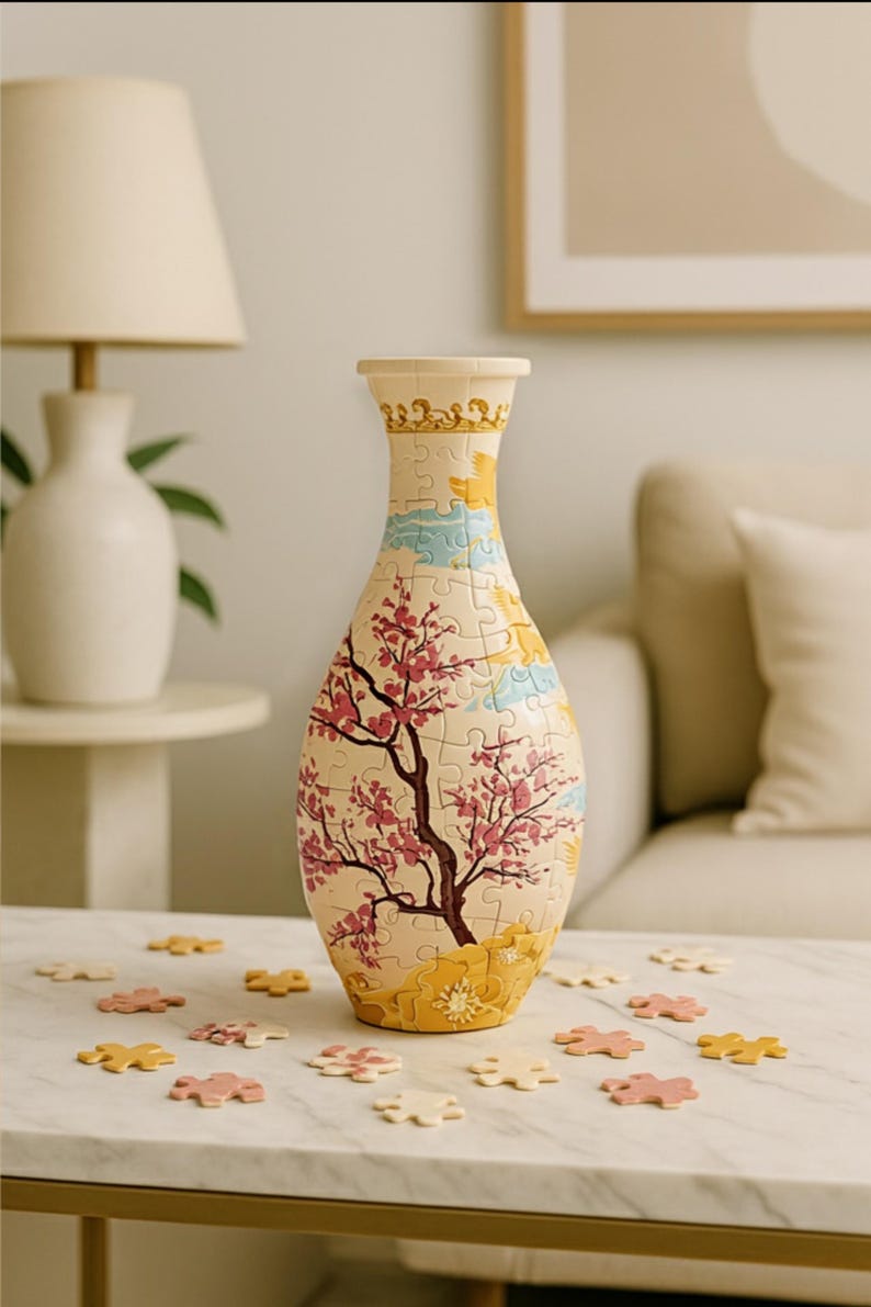 May include: A cream-colored vase puzzle with a cherry blossom design. The vase features a tree with pink flowers and a yellow and blue background. Puzzle pieces are scattered on a white marble table. A lamp and a couch are in the background.