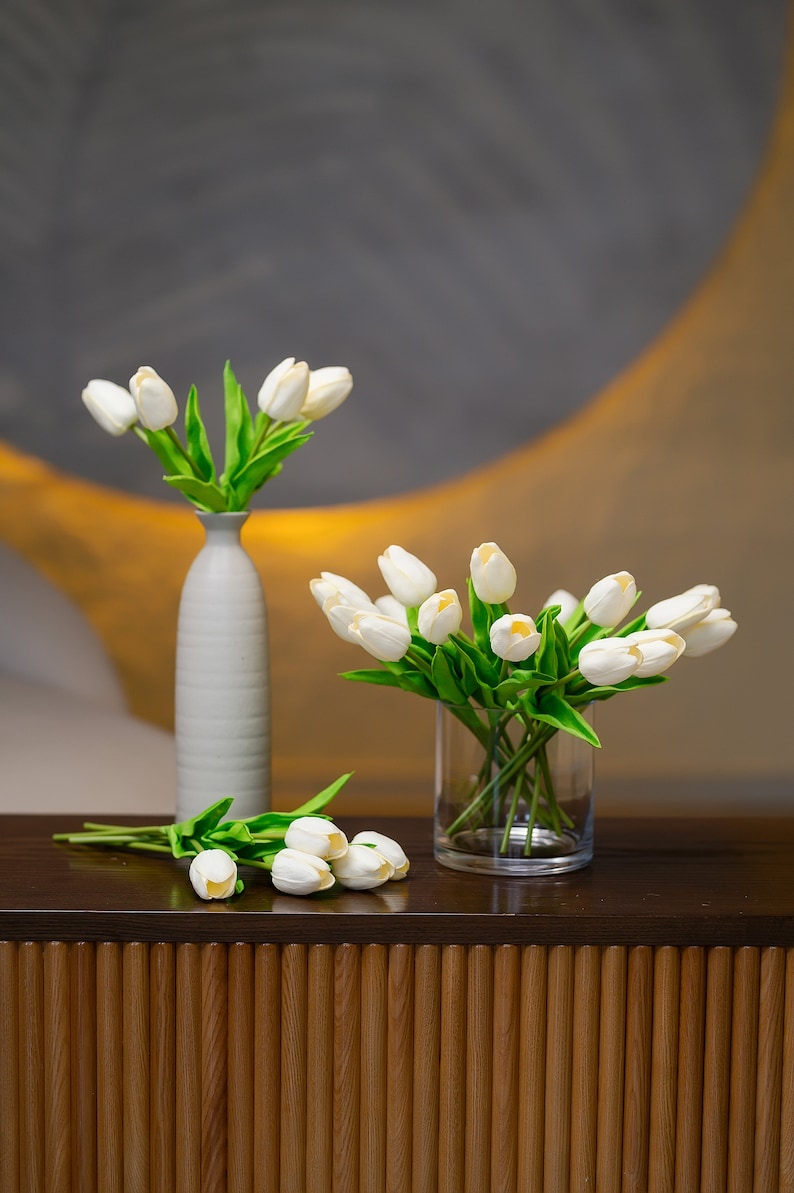 Artificial Tulips for Bouquet, 14" Fake Tulip, Home/Wedding Decor, Real Touch White Tulip Flowers, DIY Flowers, PU Tulip Faux, Party Supply