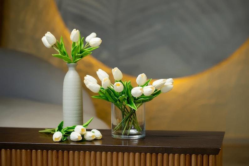 Artificial Tulips for Bouquet, 14" Fake Tulip, Real Touch White Tulip Flowers, Home/Wedding Decor, DIY Flowers, PU Tulip Faux, Party Supply