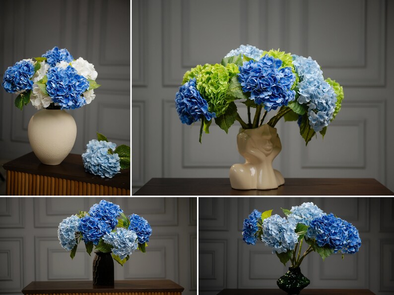May include: Three arrangements of blue and white hydrangea flowers in different vases. The first vase is white ceramic, the second is a beige ceramic sculpture of a face, and the third is a dark green ceramic vase.