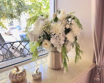 Large Real Touch Flower Arrangement in Metallic Vase, Artificial Flower Centerpiece, White Faux Flower Composition for Dining Table Decor