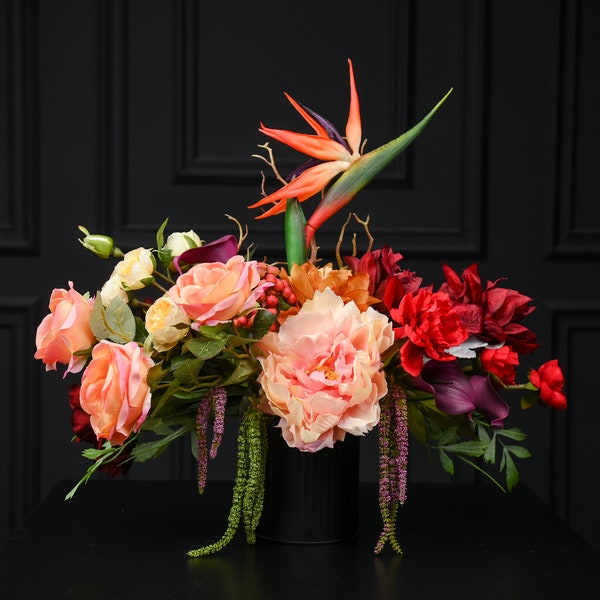 The Red Strelitzia | Real Touch Floral Arrangement, Artificial Flower Centerpiece in Vase, Silk Flower Centerpiece Table Decor, Fake Flowers