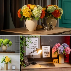 May include: Three different arrangements of artificial flowers in vases. The first arrangement is yellow and green flowers in a white vase. The second arrangement is yellow and green flowers in a white vase. The third arrangement is pink and purple flowers in a brown vase. The text "Do more of what makes you happy" is on a poster behind the third arrangement.