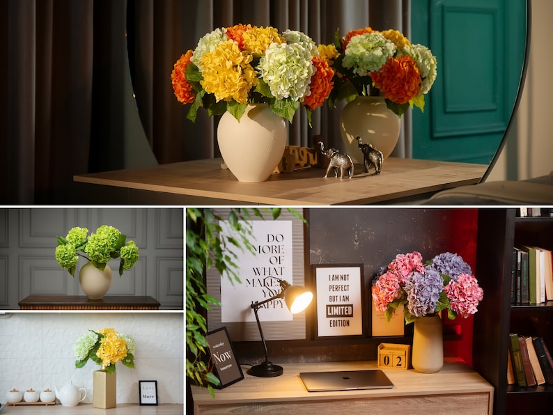May include: Three different arrangements of artificial flowers in vases. The first arrangement is yellow and green flowers in a white vase. The second arrangement is yellow and green flowers in a white vase. The third arrangement is pink and purple flowers in a brown vase. The text "Do more of what makes you happy" is on a poster behind the third arrangement.
