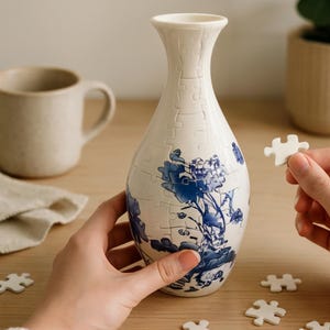 May include: A white ceramic vase puzzle with blue floral designs. The vase is partially assembled, with puzzle pieces scattered around. The vase has a unique shape and is being assembled by a person.
