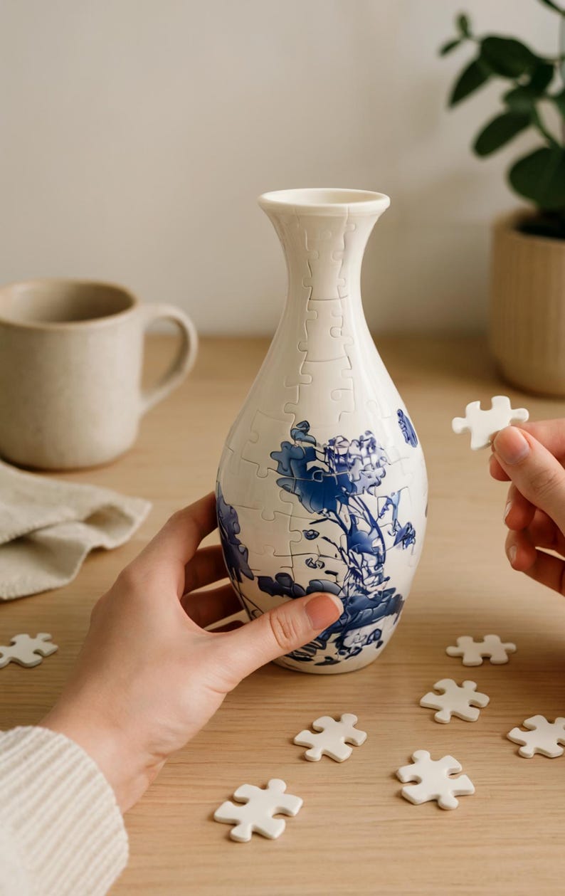May include: A white ceramic vase puzzle with blue floral designs. The vase is partially assembled, with puzzle pieces scattered around. The vase has a unique shape and is being assembled by a person.