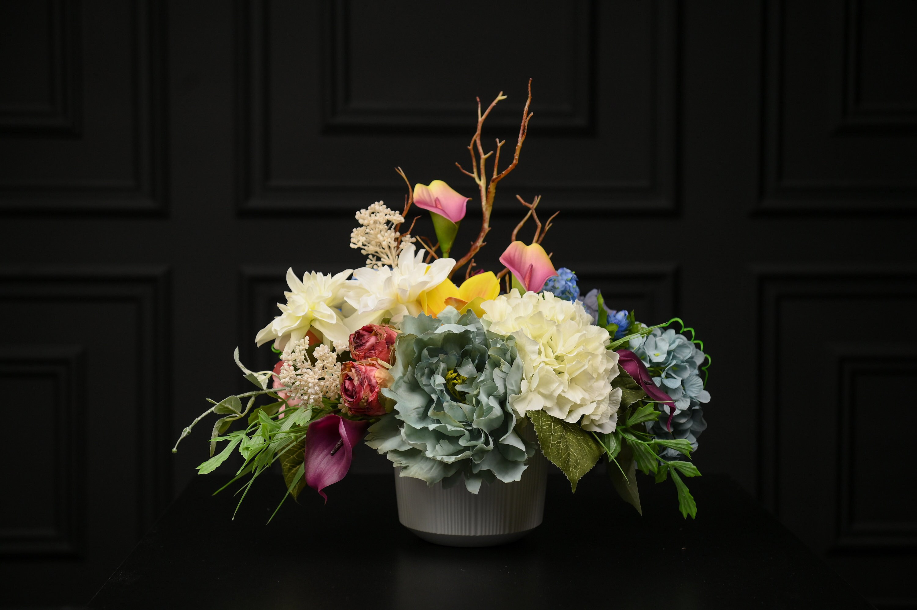 El ciervo azul / Arreglo floral de lujo Real Touch / Hortensia y centro de mesa de ramo mixto / Diseño de interiores de sala de estar de primavera artificial