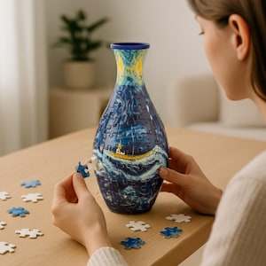 May include: A blue and yellow vase-shaped puzzle depicting a painting of a boat on a wavy sea. The puzzle is partially assembled, with a few pieces scattered on a wooden table. The vase has a blue rim and a yellow and blue top.