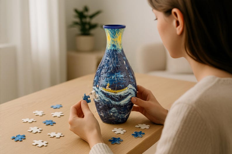 May include: A blue and yellow vase-shaped puzzle depicting a painting of a boat on a wavy sea. The puzzle is partially assembled, with a few pieces scattered on a wooden table. The vase has a blue rim and a yellow and blue top.
