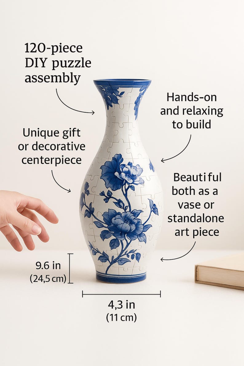 May include: A white and blue floral puzzle vase. The 120-piece DIY puzzle assembles into a vase that is 9.6 inches (24.5 cm) tall and 4.3 inches (11 cm) wide. It is a unique gift or decorative centerpiece, hands-on and relaxing to build.