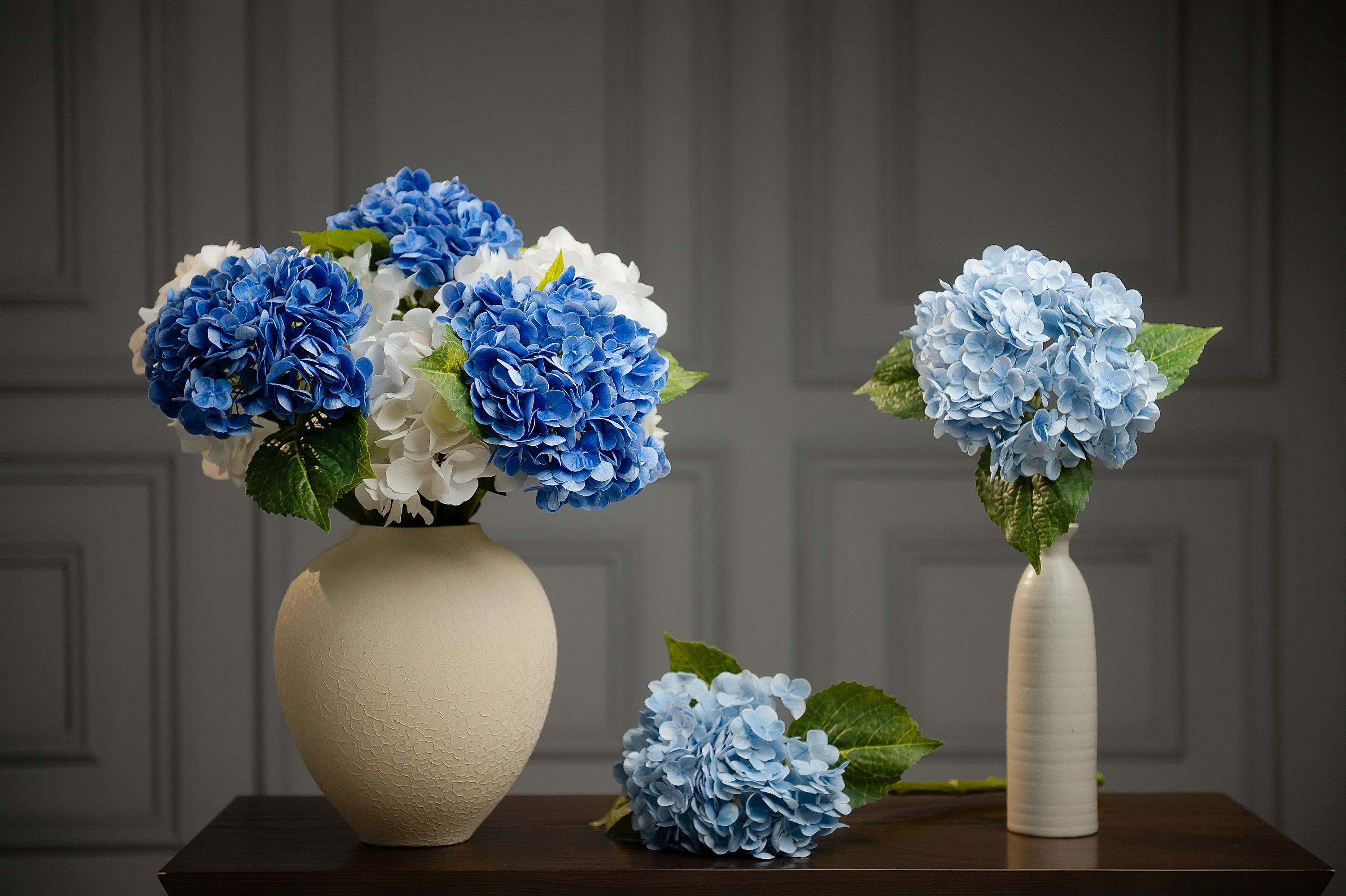 Waipfaru 4 Fiori Ortensia Artificiali Real Touch In Lattice Blu Con Stelo Lungo 53cm