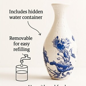 May include: White ceramic vase with blue floral design. The vase has a unique cracked pattern and includes a hidden water container. Text on the image reads: Includes hidden water container, Removable for easy refilling, Use with real fresh flowers.