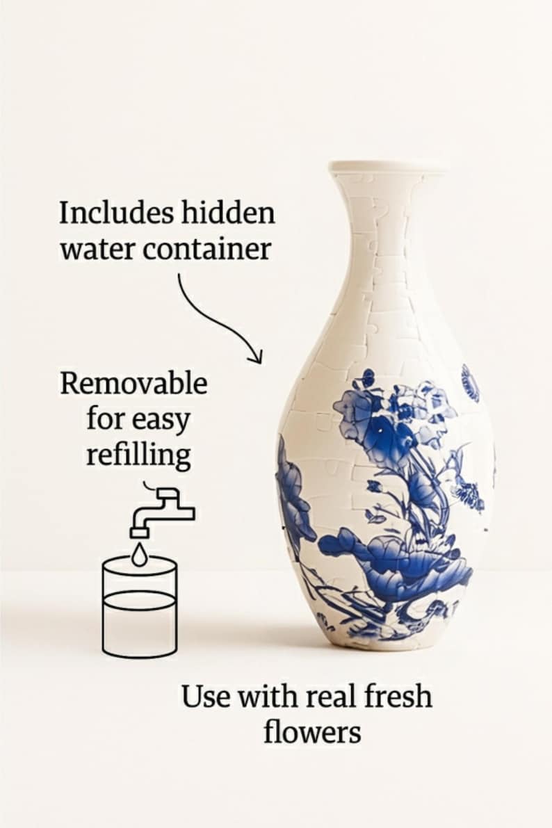 May include: White ceramic vase with blue floral design. The vase has a unique cracked pattern and includes a hidden water container. Text on the image reads: Includes hidden water container, Removable for easy refilling, Use with real fresh flowers.