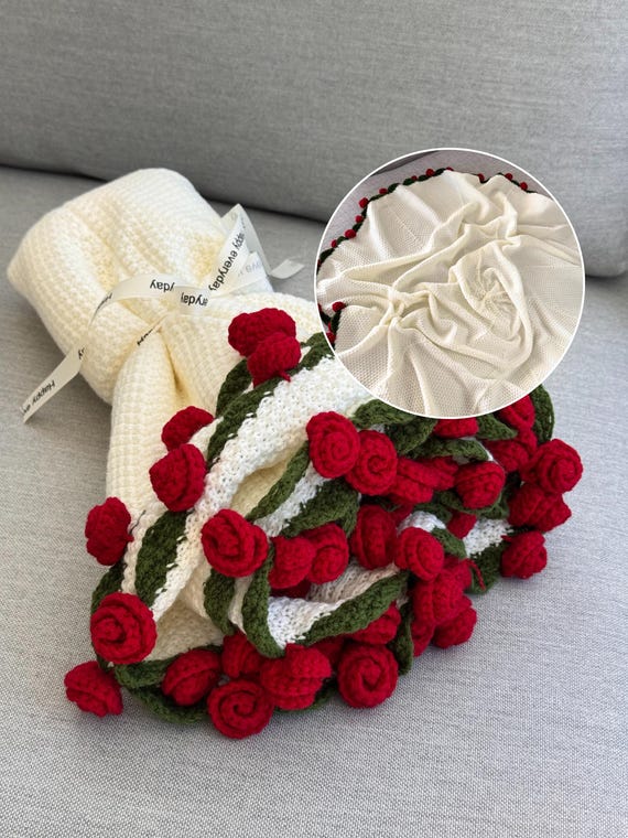 Rose Bouquet Blanket Throw Soft Handmade Anniversary Gift for Her Mothers Day Gift Grandma Crochet Flower Shawl Couch Cover Bed Home Decor