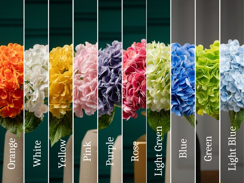 May include: Ten bouquets of artificial hydrangea flowers in various colors, including orange, white, yellow, pink, purple, rose, light green, blue, green, and light blue.