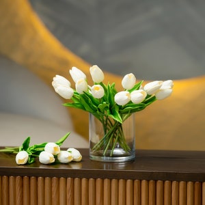 Real Touch White Tulip Flowers, Artificial Tulips for Bouquet, 14" Fake Tulip, Home/Wedding Decor, DIY Flowers, PU Tulip Faux, Party Supply