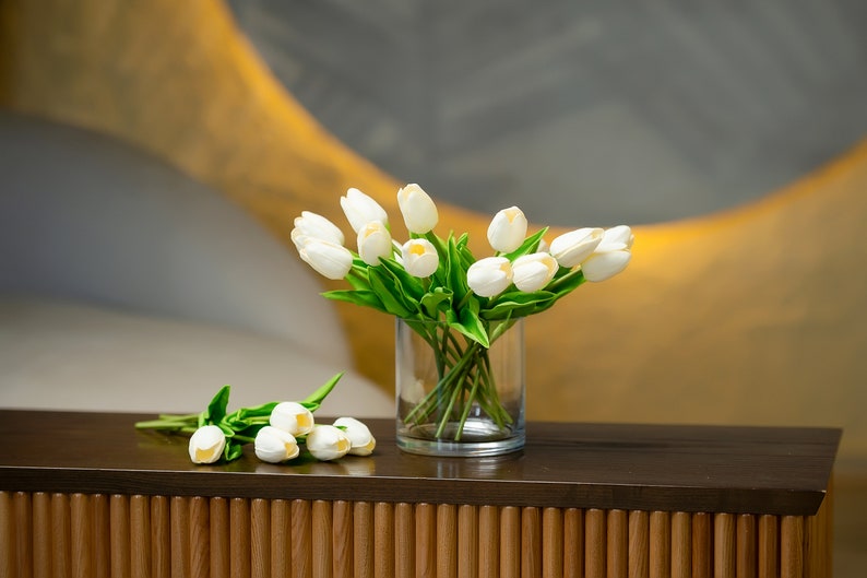 Real Touch White Tulip Flowers, Artificial Tulips for Bouquet, 14" Fake Tulip, Home/Wedding Decor, DIY Flowers, PU Tulip Faux, Party Supply