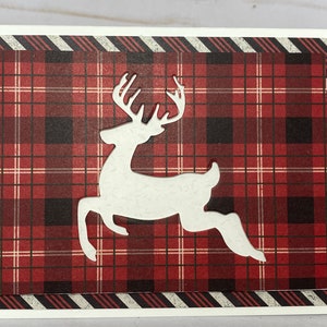 Handmade Christmas Greeting Card, Handmade Holiday Card, Reindeer Card, Red Plaid Christmas Card, Rustic Holiday Cards