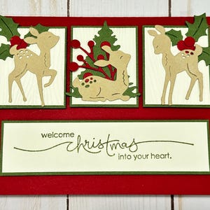 Handmade Christmas Cards, Set of 4, Reindeer Cards, Welcome Christmas into Your Heart Cards,   Holiday Deer Holly Berries Tree Cards
