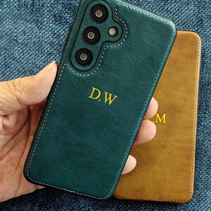 Gepersonaliseerde leren tas voor Galaxy S25, S24, S23-serie Custom Samsung-telefoonhoesje met goudfolie-initialen in elegante hoofdletters