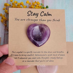 Amethyst Heart Worry Stone Gift – Stay Calm Crystal, Anxiety Relief Pocket Stone, Comfort Gift with Message Card