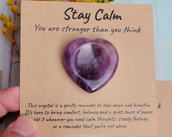 Amethyst Heart Worry Stone Gift – Stay Calm Crystal, Anxiety Relief Pocket Stone, Comfort Gift with Message Card