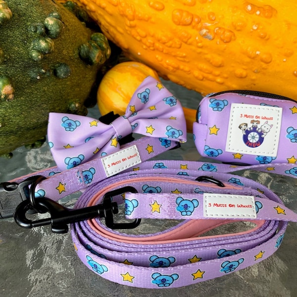 Koya Collar Sets/BT21 inspired/cute leash bow/purple dog collar/BT21 dog collar/Koya inspired/dog collar/dog leash/poop bag dispenser/