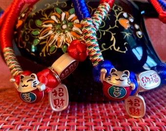 Fortune Cat Collar, Asian Inspired, Red and Blue, Lucky Cat Charm