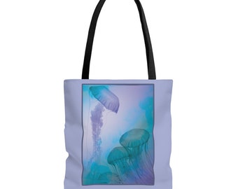 Tote bag with Jellyfish ocean art, abstract design of ocean art print on a large shoulder purse for travel bag or carry on