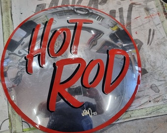 Hot Rod (chrome) - Man Cave art custom painted Hubcap unique collectible pinstripe lettered