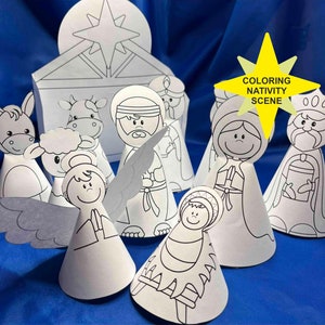 Bambole di carta stampabili raffiguranti la Natività di Natale, presepe, da colorare, modello di carta, set di carta, lavoretti di carta, giocattoli di carta, decorazioni artigianali