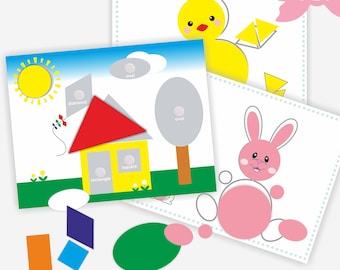 May include: A set of educational activity sheets featuring a yellow chick, a pink rabbit, and a house scene with geometric shapes. The house includes a red roof, yellow walls, and a kite. Loose shapes include an orange rectangle, blue diamond, and green oval.