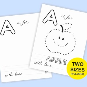 May include: Two white educational cards with the letter "A" and the word "APPLE". One card features a large outline of the letter "A" and the words "is for". The other card has a dotted apple outline with the word "APPLE" below. The text "with love" is also included.