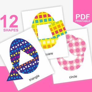 May include: Printable flashcards featuring 12 different shapes, each with a colorful patterned design. The shapes include a square, circle, and triangle.