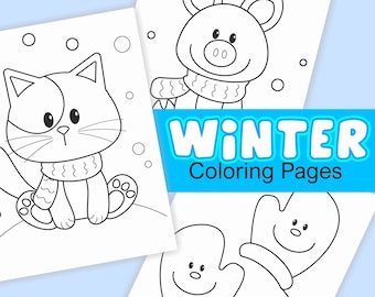 May include: Three white colouring pages featuring black line art of a cat, a pig, and mittens, all wearing scarves in a snowy setting. A bright blue banner across the centre displays the white and black text WINTER Colouring Pages.