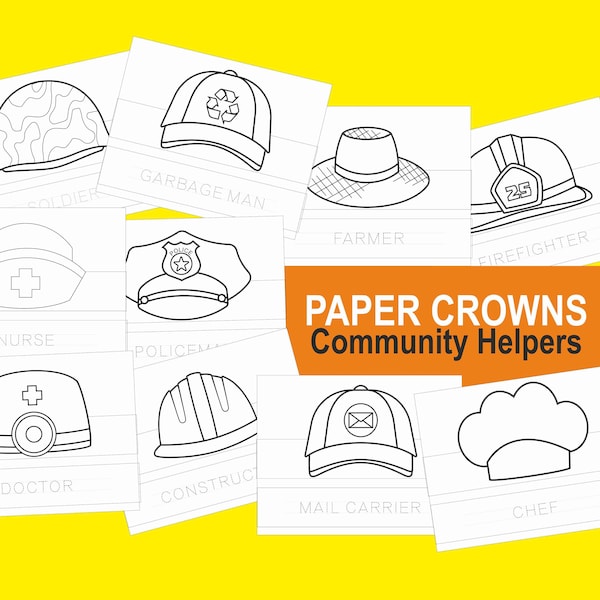 Ayudantes de la comunidad Sombreros imprimibles Ayudantes de la comunidad Coronas de papel Imprimibles Manualidades para niños Fiesta de cumpleaños Disfraz Descargar papel imprimible