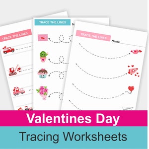 May include: Four printable Valentine's Day tracing worksheets for kids. Each worksheet features a different Valentine's Day theme, such as a truck with hearts, a cactus, a cupcake, a bouquet of roses, a bird, a rocket, a balloon, and a paper airplane. The worksheets are designed to help children practice their fine motor skills and learn to trace lines.