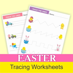 May include: A printable Easter tracing worksheet for kids. The worksheet features a chick, bunny, and tractor with eggs. The worksheet has the text "TRACE THE LINES" and "Name" at the top.