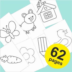 Op de afbeelding: Een set van 62 kleurplaten met eenvoudige zwart-wit illustraties van een huis, een varken, een vlinder, een potlood, een bloem, een wortel en een vogel.