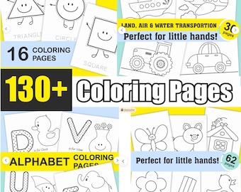 May include: A collection of printable coloring pages featuring various themes including geometric shapes, land, air, and water transportation, alphabet letters with corresponding objects like ducks and umbrellas, and animals like butterflies and pigs.
