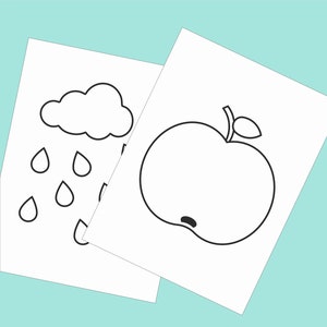 Op de afbeelding: Twee zwart-wit kleurplaten. De eerste pagina toont een wolk met regendruppels die eruit vallen. De tweede pagina toont een appel met een blad.