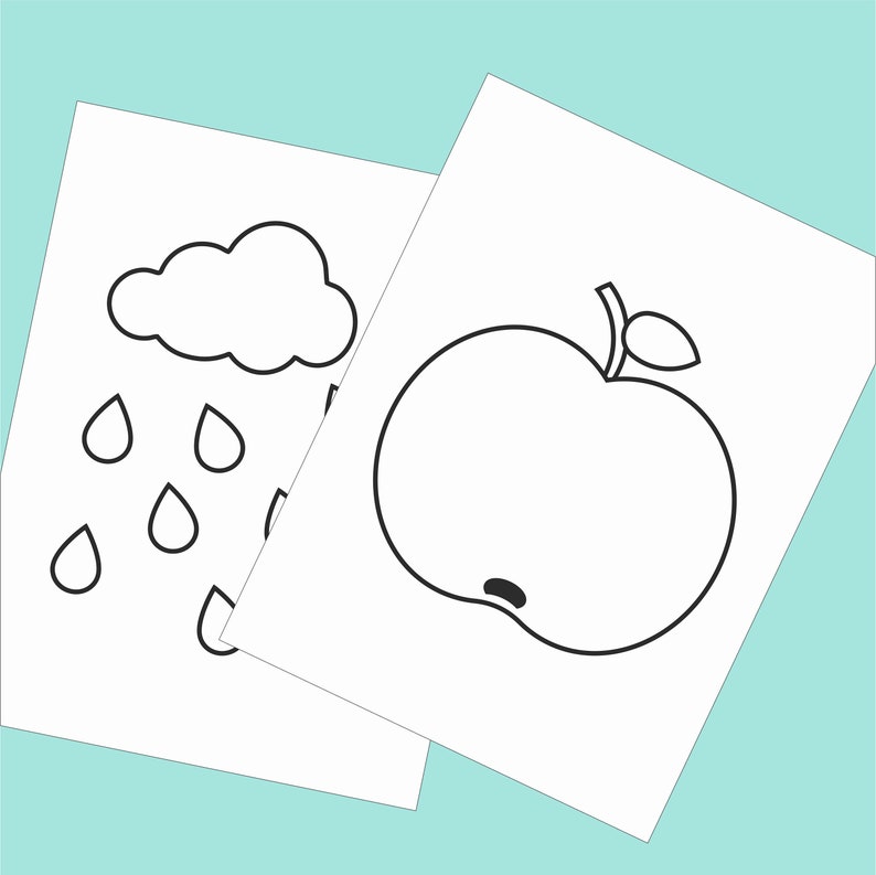 Op de afbeelding: Twee zwart-wit kleurplaten. De eerste pagina toont een wolk met regendruppels die eruit vallen. De tweede pagina toont een appel met een blad.