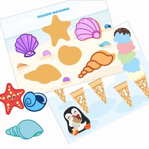 May include: A printable shadow matching game for kids featuring a starfish, seashells, and a seashell with a swirl. The game includes five ice cream cones with numbers 1 through 5.