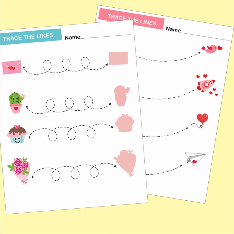 May include: A printable worksheet with the text "Trace the Lines" and a name field. The worksheet has four lines with dotted lines for tracing. Each line has a picture at the beginning and end of the line. The pictures include a letter, a cactus, a cupcake, and a bouquet of flowers.