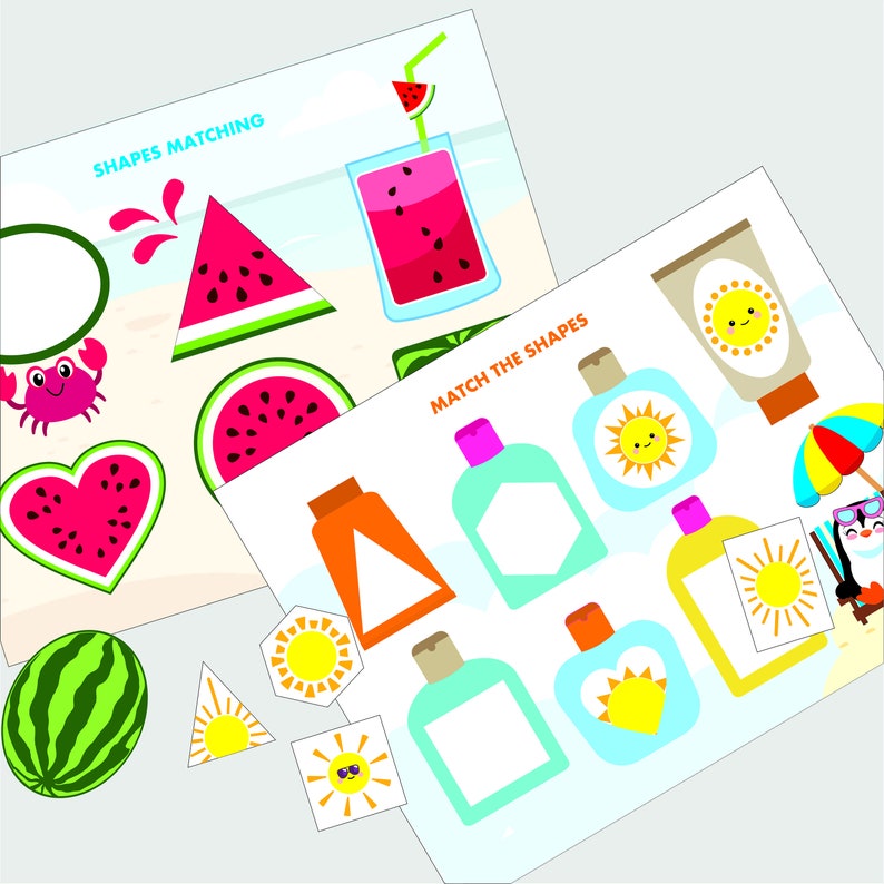 May include: Two printable worksheets for kids to practice matching shapes. The first worksheet features a watermelon, a heart, a circle, and a crab. The second worksheet features a variety of sunscreens with different shapes.