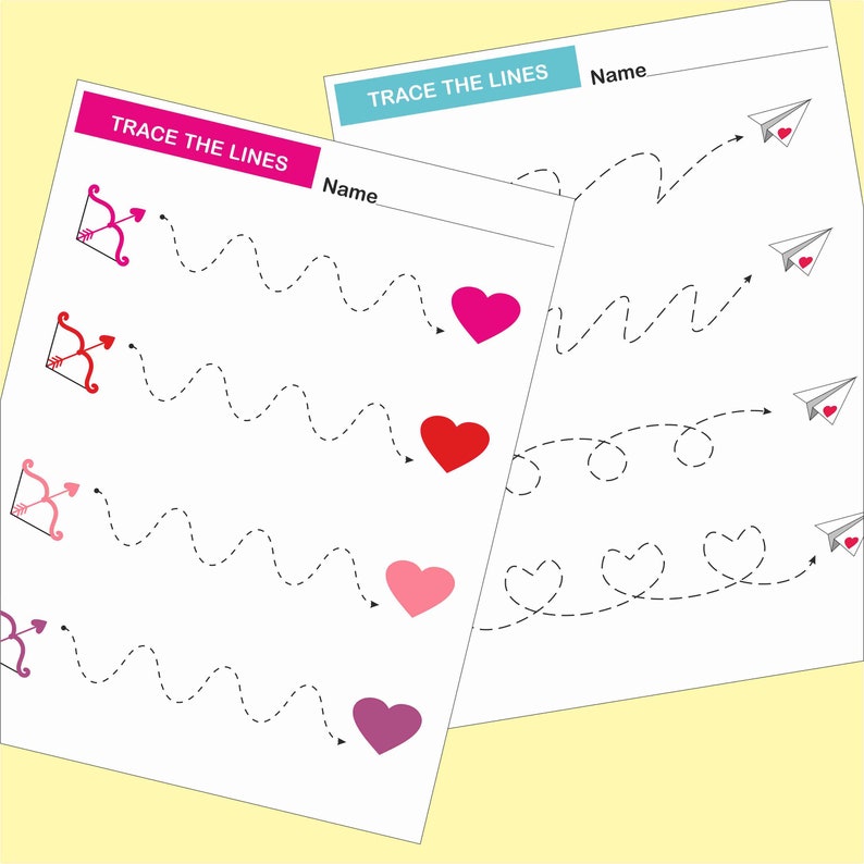 May include: A printable worksheet with the text "TRACE THE LINES" at the top. The worksheet has five lines with arrows at the beginning of each line and hearts at the end of each line. The worksheet is designed for children to practice tracing lines.