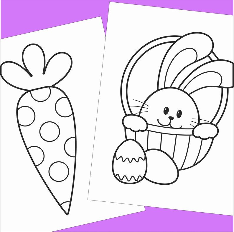Puede incluir: P&aacute;gina para colorear en blanco y negro con un conejo en una cesta con huevos de Pascua. El conejo est&aacute; sujetando la cesta con sus patas y tiene una expresi&oacute;n feliz en su rostro. Hay una zanahoria con lunares en el lateral de la p&aacute;gina.
