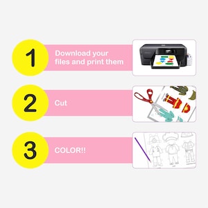 May include: A three-step guide to making paper dolls. Step 1: Download and print the files. Step 2: Cut out the paper dolls. Step 3: Color the paper dolls.