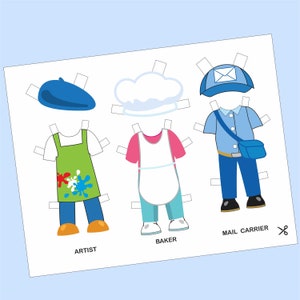 May include: A printable paper doll set with three different outfits: a baker, an artist, and a mail carrier. Each outfit includes a hat, shirt, pants, and shoes. The paper doll set is perfect for kids to play with and use their imagination.