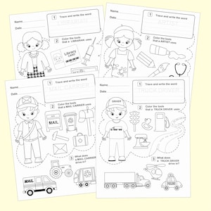 May include: Black and white printable worksheet for kids to trace and color. The worksheet features a librarian, an artist, a mail carrier, and a truck driver. Each character is surrounded by tools they use in their profession. The worksheet includes the words "Librarian", "Artist", "Mail Carrier", and "Truck Driver".